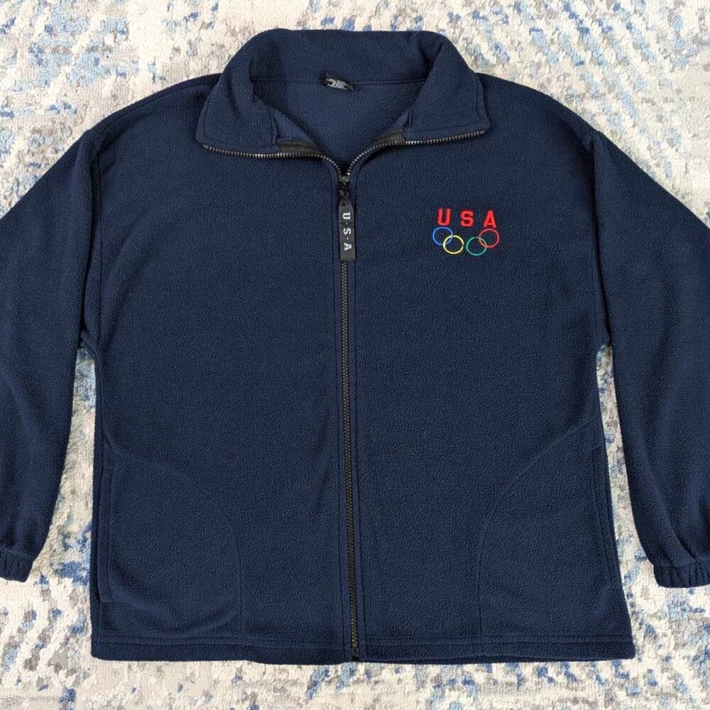 USA Olympics Fleece Jacket Adult Medium Blue Full Zip Made in USA Men